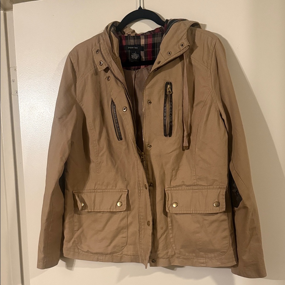 Paper Tee Tan Jacket with Red Plaid Lining